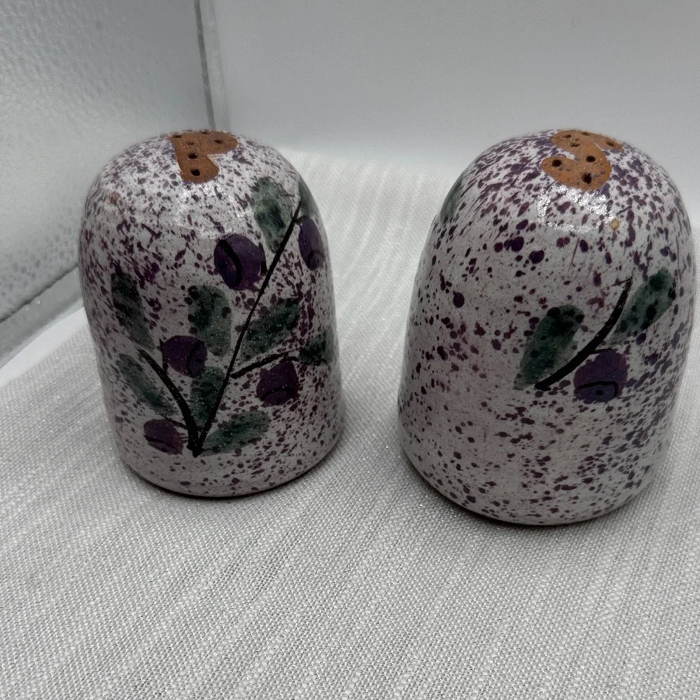 Salt and pepper shaker clay pottery poss. Mexico, purple floral speckled design